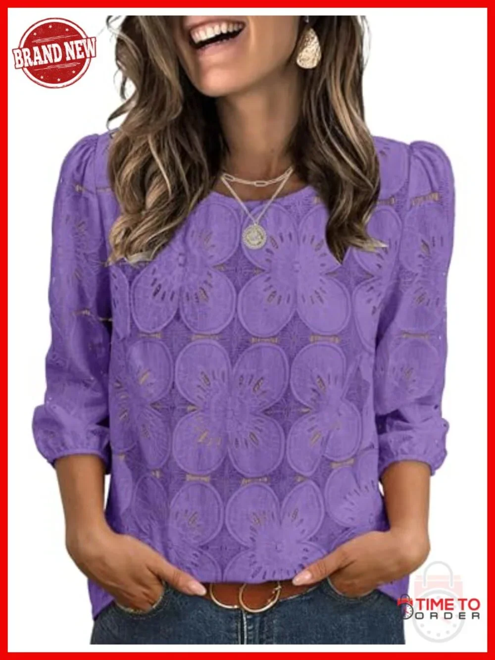 3/4 Sleeve Eyelet Lace Blouse Dressy Casual Tunic Top